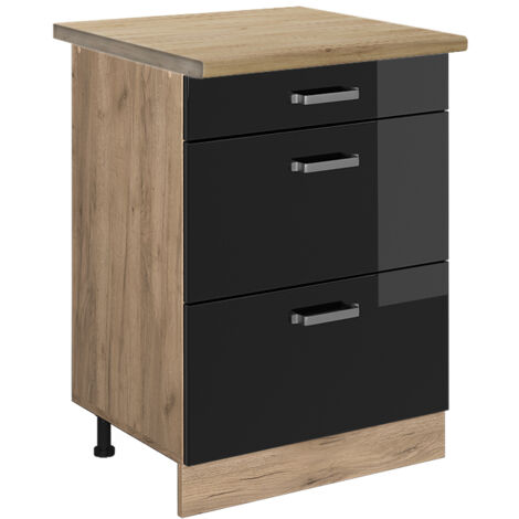 Meuble cuisine R-Line, Noir Haute brillance, 60 cm avec tiroirs, PT Chêne, Vicco