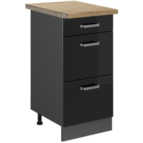 Meuble cuisine R-Line, Noir Haute brillance, 40 cm avec tiroirs, PT Chêne, Vicco