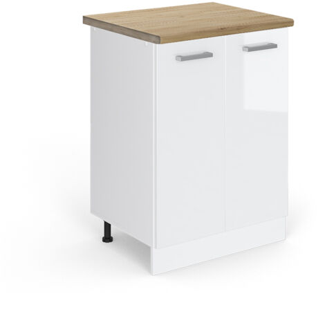 Meuble bas de cuisine R-Line, Blanc Haute brillance, 60 cm , PT Chêne, Vicco