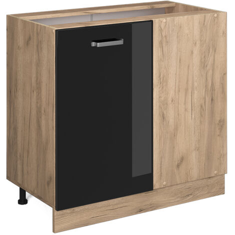 Meuble d'angle R-Line, Noir Haute brillance, 86 cm sans plan de travail, Vicco