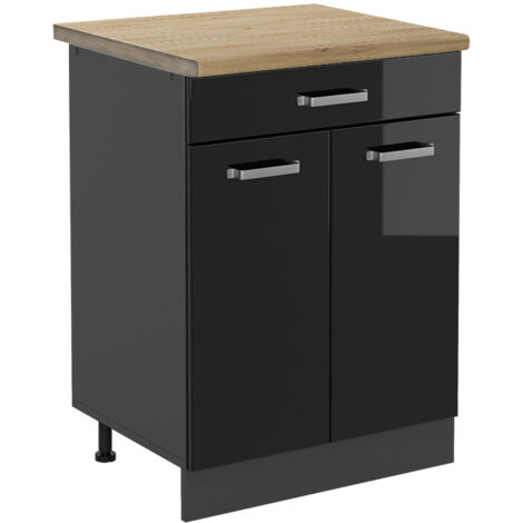 Meuble bas de cuisine R-Line, Noir Haute brillance, 60 cm , AP chêne, Vicco