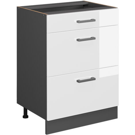 Meuble cuisine R-Line, Blanc Haute brillance, 60 cm avec tiroirs, sans plan de travail, Vicco