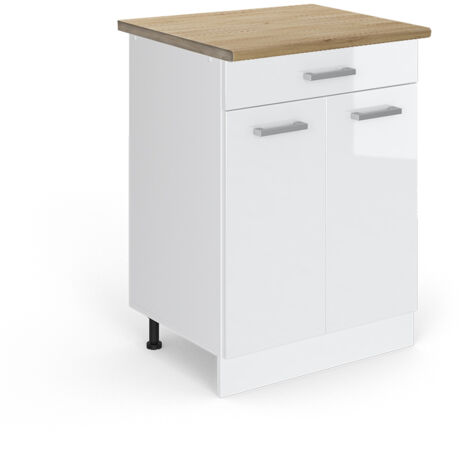Meuble cuisine R-Line, Blanc Haute brillance, 60 cm avec tiroir, PT Chêne, Vicco