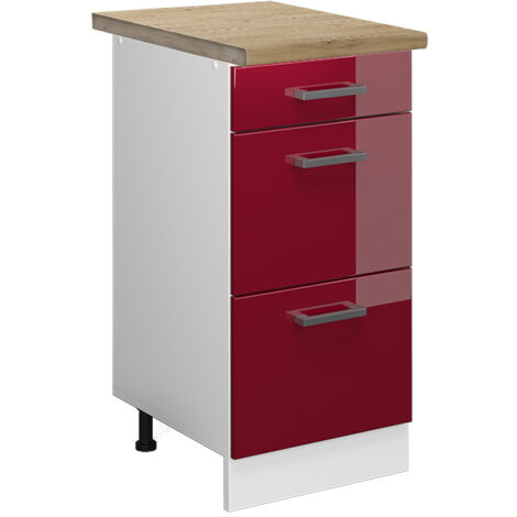 Meuble cuisine R-Line, Rouge brillant, 40cm avec tiroirs, PT Chêne, Vicco