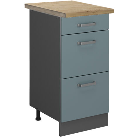Meuble cuisine R-Line, Bleu-gris, 40 cm avec tiroirs, PT Chêne, Vicco