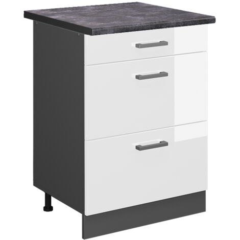 Meuble cuisine R-Line, Blanc Haute brillance, 60 cm avec tiroirs, PT Anthracite, Vicco