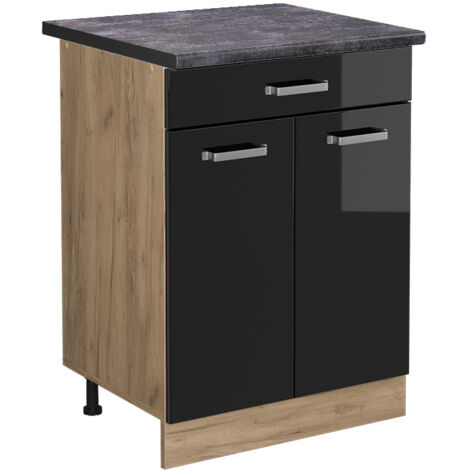 Meuble cuisine R-Line, Noir Haute brillance, 60 cm avec tiroir, PT Anthracite, Vicco
