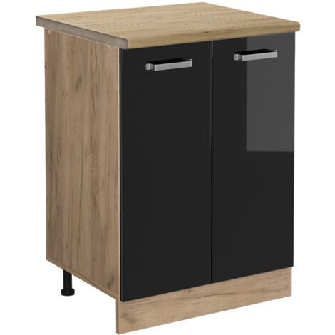 Meuble bas de cuisine R-Line, Noir Haute brillance, 60 cm , PT Chêne, Vicco