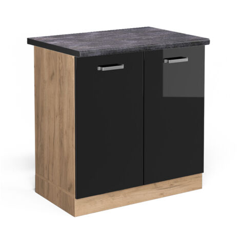 Meuble bas sous-évier R-Line, Noir Haute brillance, 80 cm , PT Anthracite, Vicco