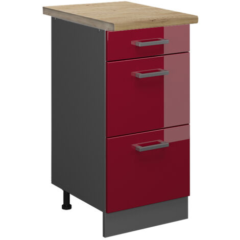Meuble cuisine R-Line, Rouge brillant, 40cm avec tiroirs, PT Chêne, Vicco