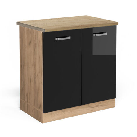 Meuble bas sous-évier R-Line, Noir Haute brillance, 80 cm , PT Chêne, Vicco