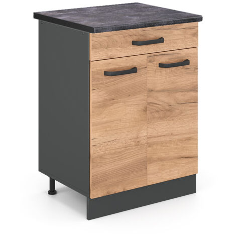 Meuble bas de cuisine R-Line, Chêne de force doré, 60 cm , PT Anthracite, Vicco