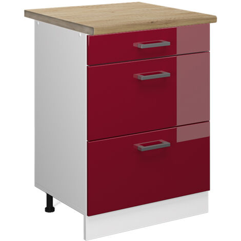 Meuble cuisine R-Line, Rouge brillant, 60cm avec tiroirs, PT Chêne, Vicco