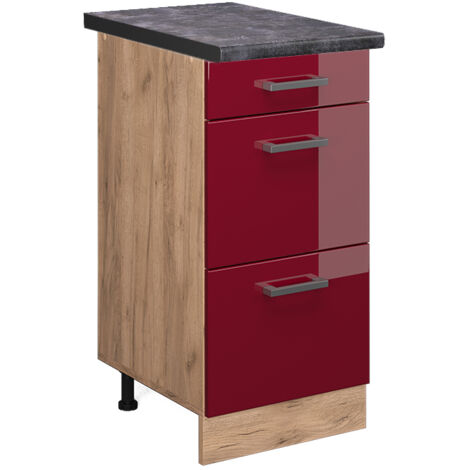 Meuble cuisine R-Line, Rouge brillant, 40cm avec tiroirs, PT Anthracite, Vicco (1/5)