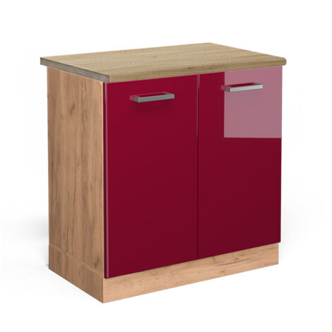 Meuble bas sous-évier R-Line, Rouge brillant, 80cm , PT Chêne, Vicco