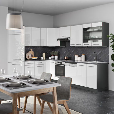 Cuisine en angle Fame-Line, Blanc brillant/Anthracite, 227 x 287 cm , PT Anthracite, Vicco