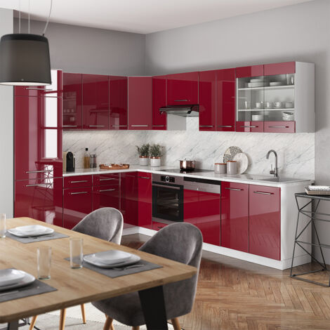 Cuisine en angle Fame-Line, Bordeaux haute brillance/blanc, 227 x 287 cm , PT Anthracite, Vicco