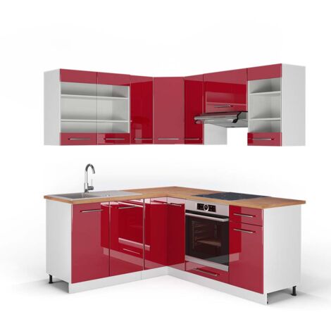 Cuisine en angle Fame-Line, Bordeaux haute brillance/blanc, 160 x 190 cm , PT Chêne, Vicco