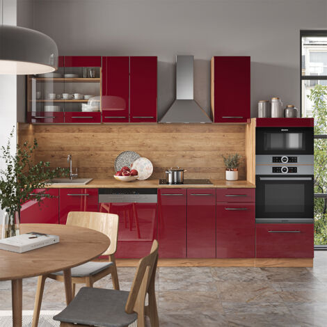 Cuisine Fame-Line, Bordeaux brillant/Chêne doré, 300 cm avec armoire haute, PT Anthracite, Vicco