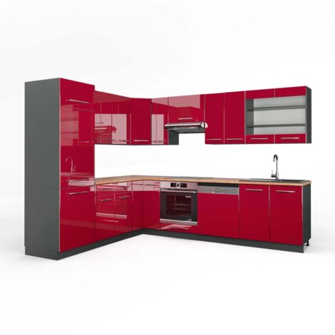 Cuisine en angle Fame-Line, Bordeaux haute brillance/anthracite, 227 x 287 cm , PT Chêne, Vicco