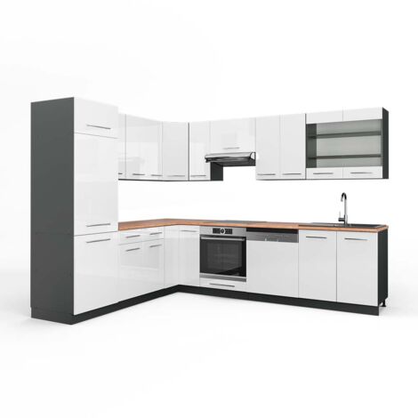 Cuisine en angle Fame-Line, Blanc brillant/Anthracite, 227 x 287 cm , PT Chêne, Vicco