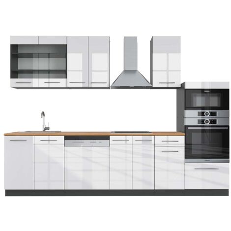 Cuisine Fame-Line, Blanc brillant/Anthracite, 300 cm avec armoire haute, PT Chêne, Vicco