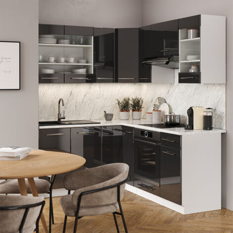 Cuisine en angle Fame-Line, Anthracite brillant/blanc, 160 x 190 cm , PT Anthracite, Vicco