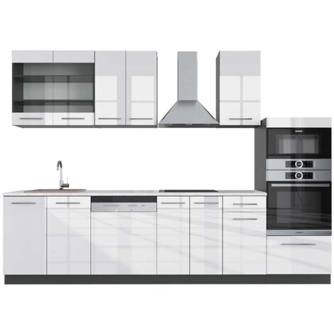 Cuisine Fame-Line, Blanc brillant/Anthracite, 300 cm avec armoire haute, PT Marbre, Vicco