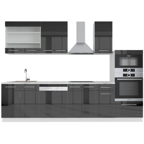 Cuisine Fame-Line, Anthracite brillant/blanc, 300 cm avec armoire haute, PT Marbre, Vicco