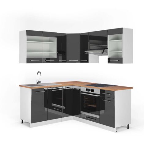 Cuisine en angle Fame-Line, Anthracite brillant/blanc, 160 x 190 cm , PT Chêne, Vicco