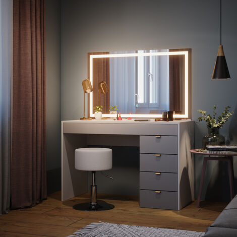 Coiffeuse Zoey Vicco Avec Miroir LED Et Tabouret – Blanc/gris, Design Moderne