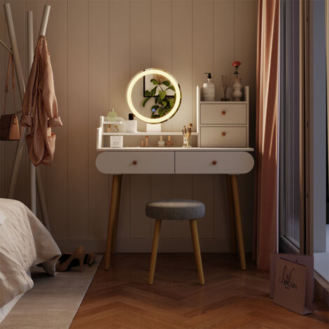 Coiffeuse Edda, Blanc, 100 cm avec miroir LED et tabouret, Vicco