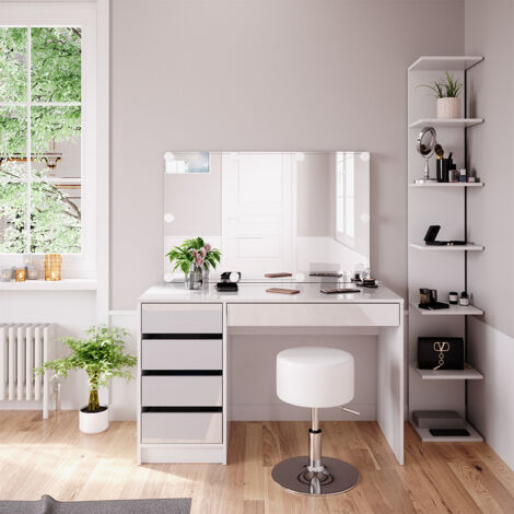 Coiffeuse Sherry, Blanc, 4 pièces, avec étagère de rangement, miroir, tabouret, LED, Vicco