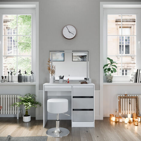 Coiffeuse Sherry, Blanc, 90 cm avec miroir LED et tabouret, Vicco