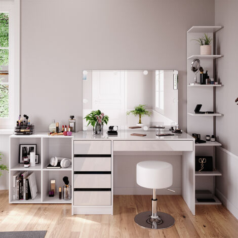 Coiffeuse Sherry, Blanc, 5 pièces, avec étagère de rangement, étagère sur pied, miroir, tabouret, LED, Vicco