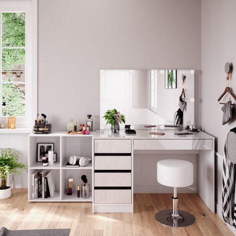 Coiffeuse Sherry, Blanc, 120cm 4 pièces, avec étagère sur pied, miroir, tabouret, LED, Vicco