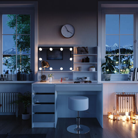 Coiffeuse Sherry, Blanc, 120cm avec éclairage LED, tabouret et étagère miroir, Vicco