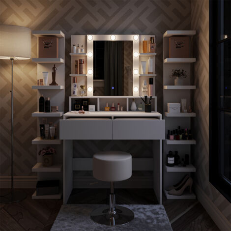 Coiffeuse Taylor, Blanc, 80 cm avec éclairage LED et tabouret, Vicco