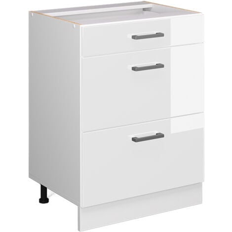 Meuble bas universel R-Line, Blanc Haute brillance, 60 cm avec tiroirs, sans plan de travail, Vicco
