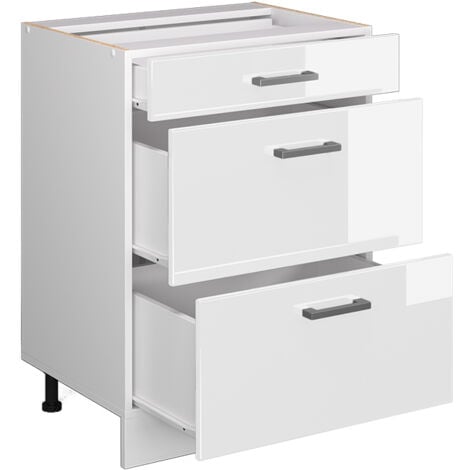 Meuble bas universel R-Line, Blanc Haute brillance, 60 cm avec tiroirs, sans plan de travail, Vicco