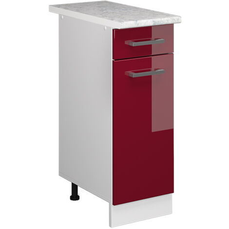 Meuble bas universel R-Line, Rouge bordeaux Haute brillance, 30 cm avec tiroir, avec plan de travail, Vicco (1/5)