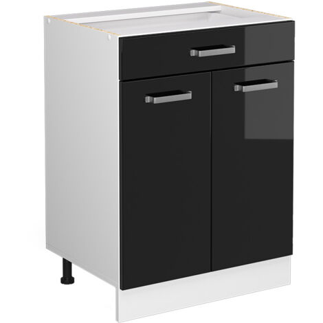 Meuble bas universel R-Line, Noir Haute brillance, 60 cm avec tiroirs, sans plan de travail, Vicco