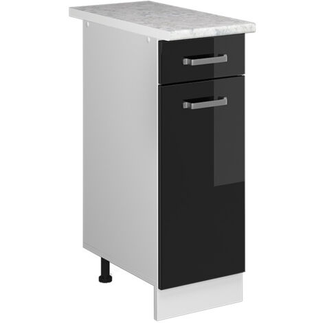 Meuble bas universel R-Line, Noir Haute brillance, 30 cm avec tiroir, avec plan de travail, Vicco