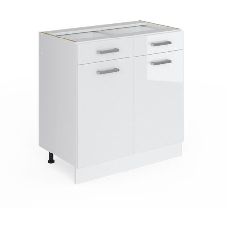Meuble bas universel R-Line, Blanc Haute brillance, 80 cm avec tiroirs et portes, sans plan de travail, Vicco