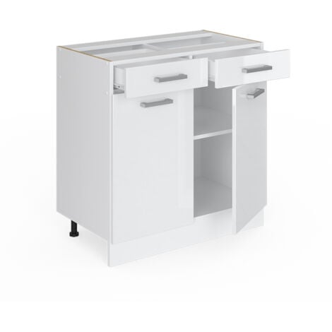 Meuble bas universel R-Line, Blanc Haute brillance, 80 cm avec tiroirs et portes, sans plan de travail, Vicco