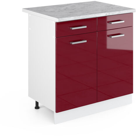 Meuble bas universel R-Line, Rouge bordeaux Haute brillance, 80 cm avec tiroirs et portes, avec plan de travail, Vicco (1/5)