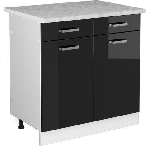 Meuble bas universel R-Line, Noir Haute brillance, 80 cm avec tiroirs et portes, avec plan de travail, Vicco (1/5)