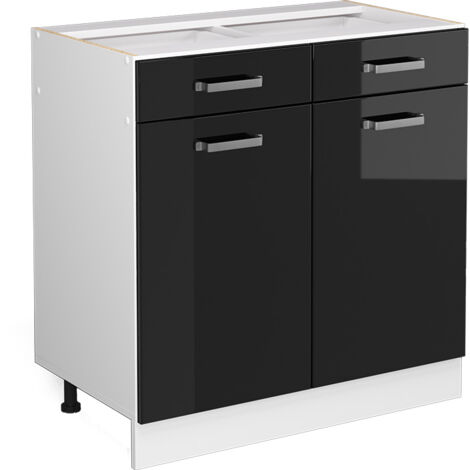 Meuble bas universel R-Line, Noir Haute brillance, 80 cm avec tiroirs et portes, sans plan de travail, Vicco