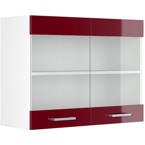 Armoire suspendue universelle R-Line, Rouge bordeaux Haute brillance, 80 cm avec portes vitrées, Vicco