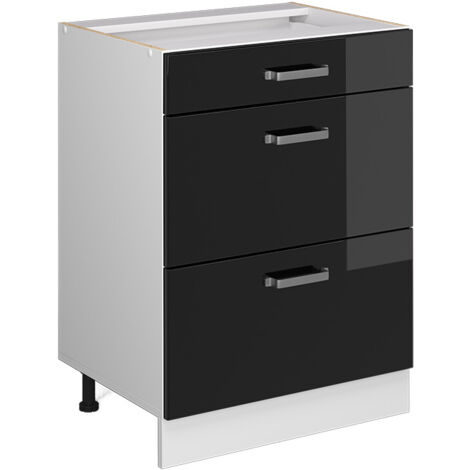 Meuble bas universel R-Line, Noir Haute brillance, 60 cm avec tiroirs, sans plan de travail, Vicco